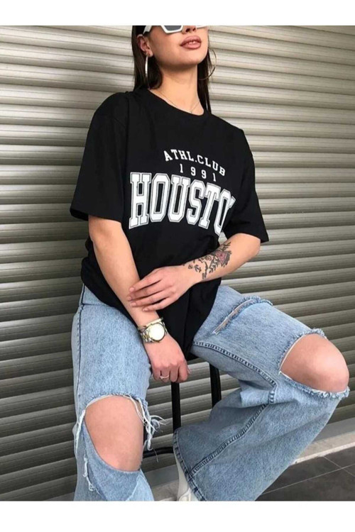 Malkoçbey Houston Baskılı Oversize Unisex Basic T-Şihirt