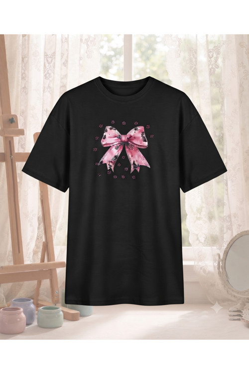 Kadın Kartaneli Fiyonk Basklı Bisiklet Yaka Oversize Penye Tişört