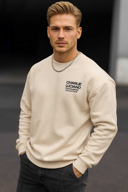 Bej Bisiklet Yaka Erkek Sweatshirt