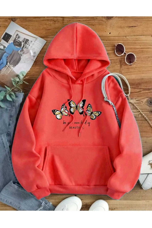 Malkoçbey Beautıful 3 Kelebek Baskılı Kapüşonlu Sweatşhirt