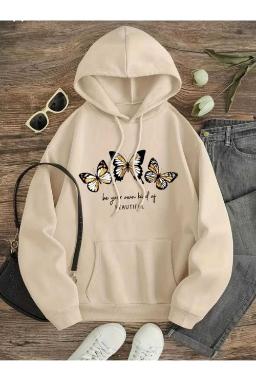 Beautıful 3 Kelebek Baskılı Kapüşonlu Sweatşhirt