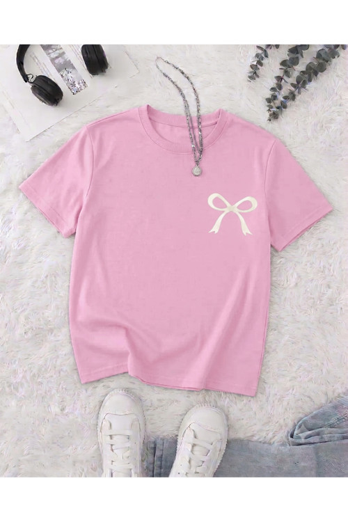 Kadın Minimal Fiyonk Baskılı Bisiklet Yaka Oversize Tişört
