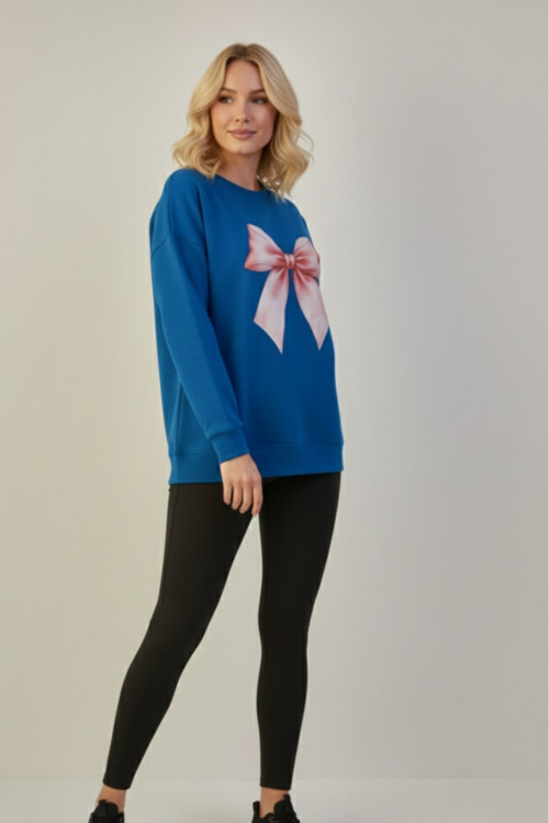 Bisiklet Yaka Kadın Fiyonk Figürlü Kadın Oversize Sweatshrt