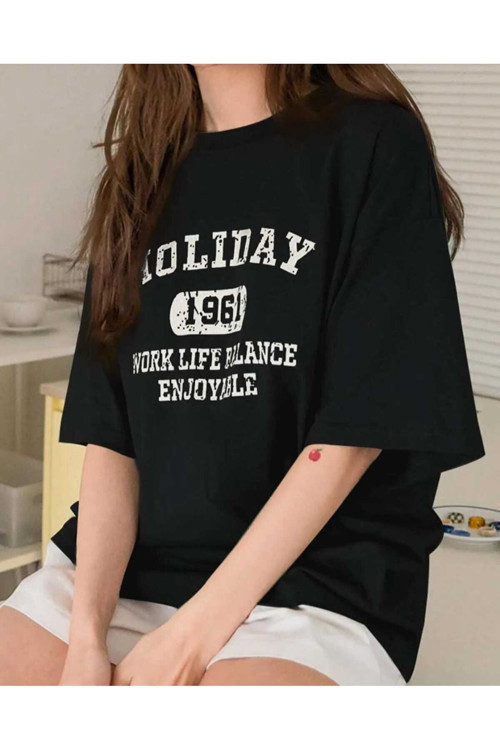 Holiday Baskılı Oversize Unisex Basic Tişört Rahat Günlük