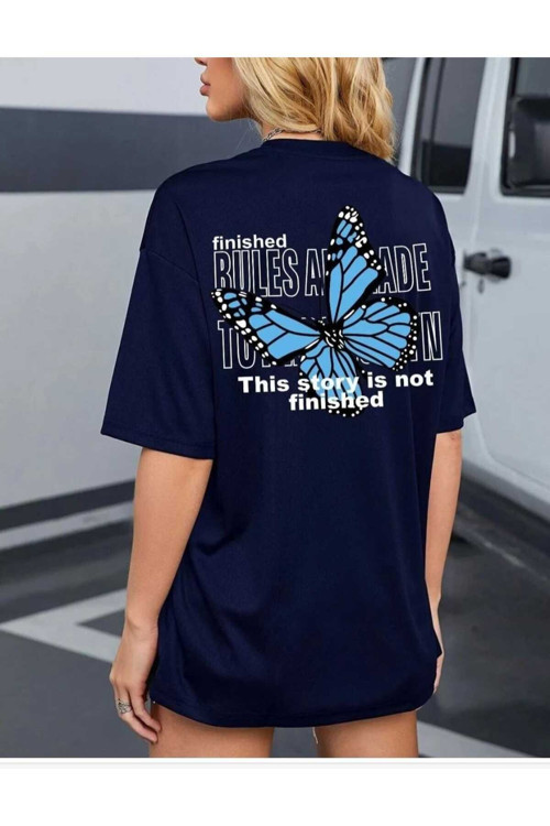 Malkoçbey Mavi Sırt Kelebek Baskılı Oversize Unisex Basic T-Şhirt