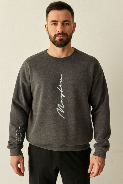 Füme Baskılı Oversize Unisex Bisiklet Yaka Sweatshirt
