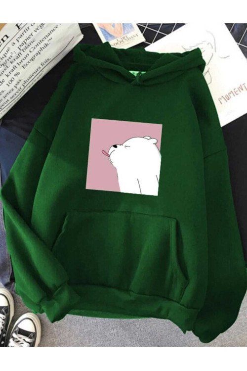 Malkoçbey White Bear Baskılı Kapüsonlu Oversize Unisex Swetşhirt
