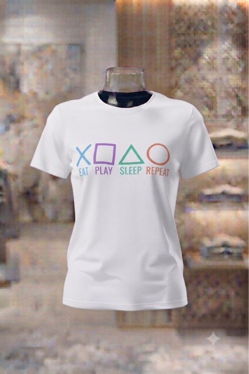 Erkek/Kadın Unisex Play Game Baskılı Oversize Bisiklet Yaka Penye Tişört