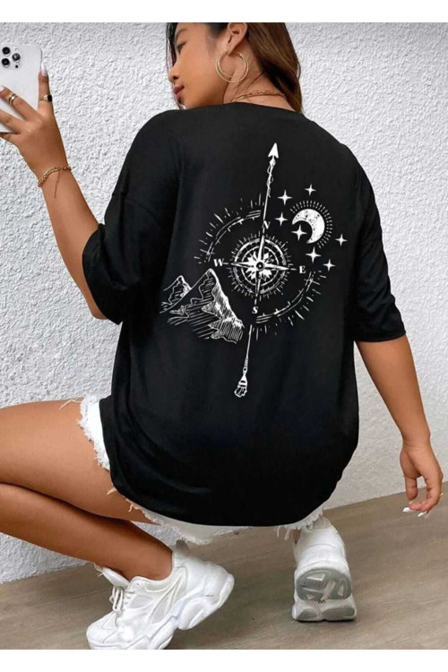 Pusula Sırt Baskılı Oversize Basic O Yaka Unisex T-Şhirt