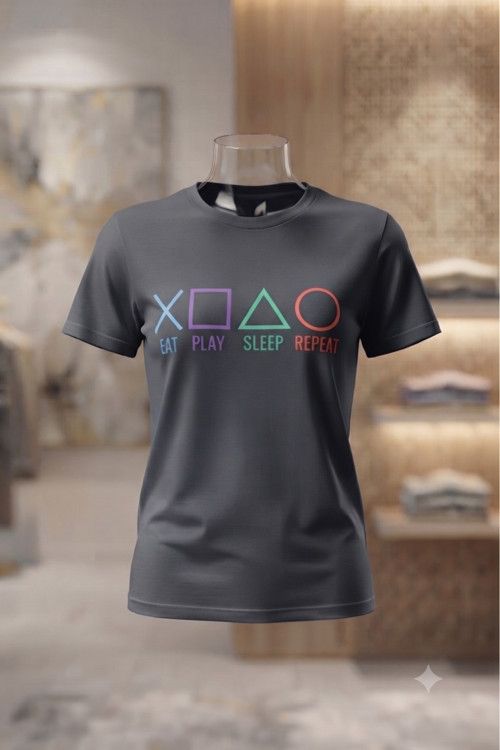 Erkek/Kadın Unisex Play Game Baskılı Oversize Bisiklet Yaka Penye Tişört