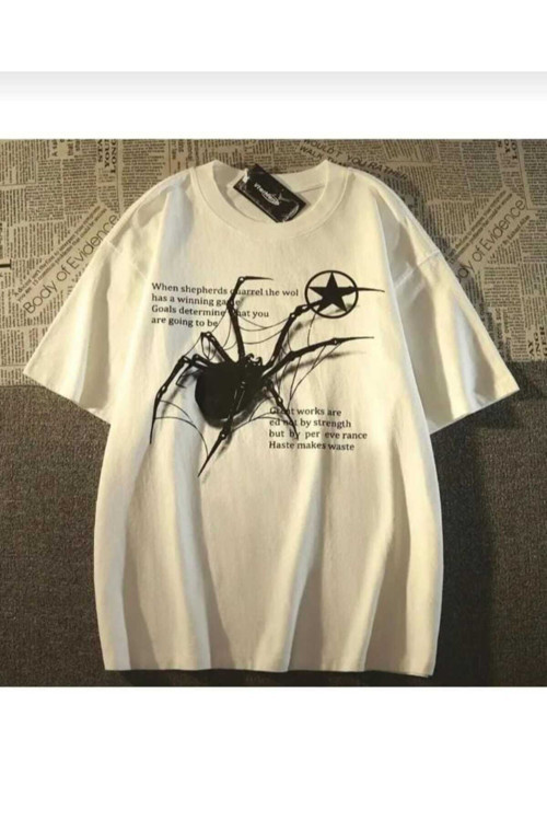 Spider Aesthetic Detail Oversize Unisex Basic Bisiklet Yaka Tişört