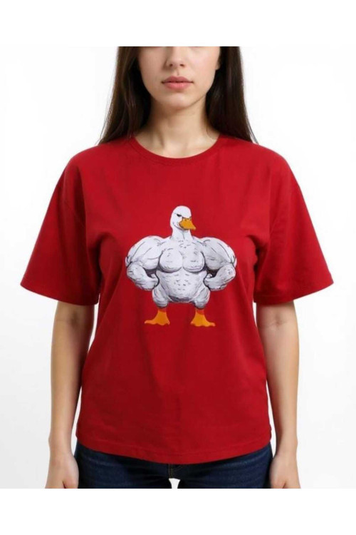 Kaslı Kaz Baskılı Unisex Bisiklet Yaka Basic Tişört