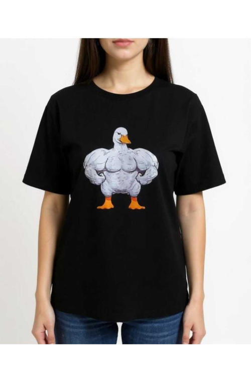 Kaslı Kaz Baskılı Unisex Bisiklet Yaka Basic Tişört