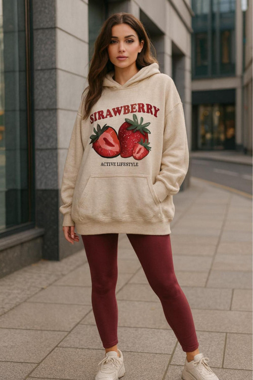 Strawberry Kapüşonlu Baskılı Oversize Kadın Sweaşhirt