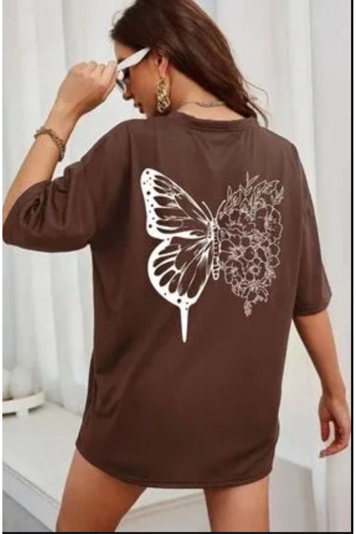 Arkası Kelebek Baskılı Oversize Bisiklet Yaka Tişört
