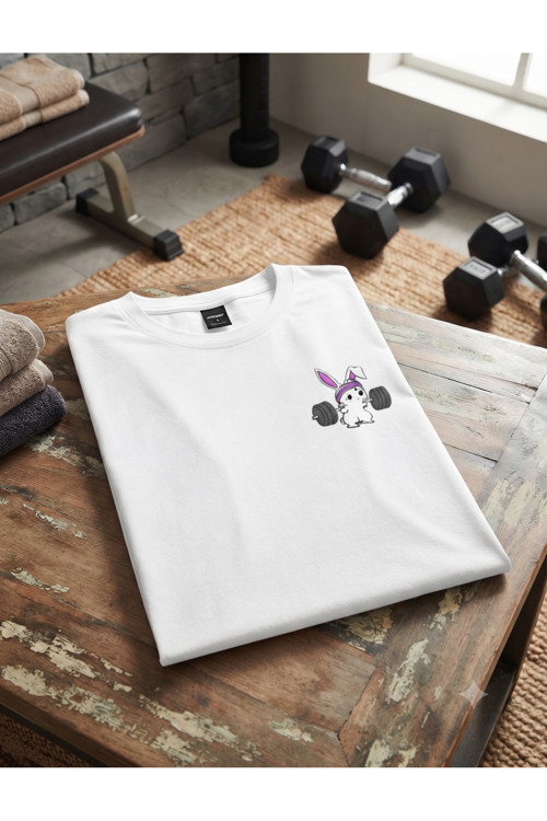 Kadın/Erkek Unisex Halterci Tavsan Baskılı Bisiklet Yaka Oversize Penye Tişört