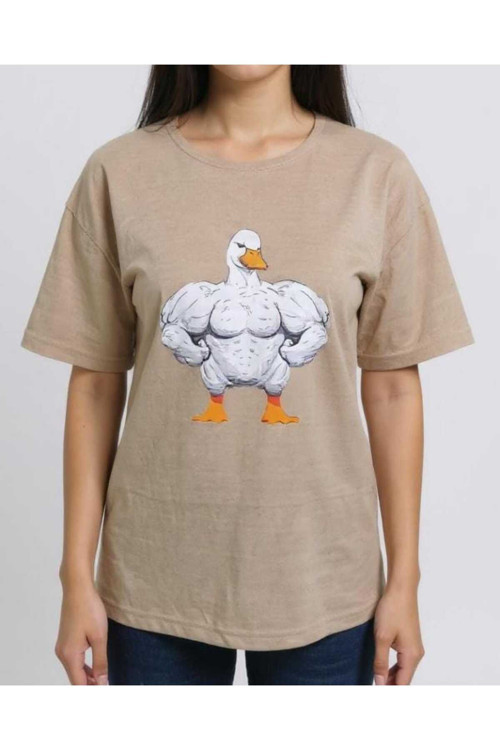 Kaslı Kaz Baskılı Unisex Bisiklet Yaka Basic Tişört