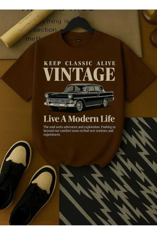 Malkocbey Vintage Araba Baskılı Oversize Basic O Yaka T-Şhirt