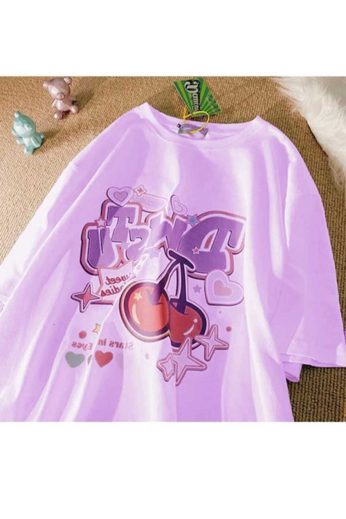 Malkoçbey Vişne Baskılı Oversize Unisex Basic T-Şhirt