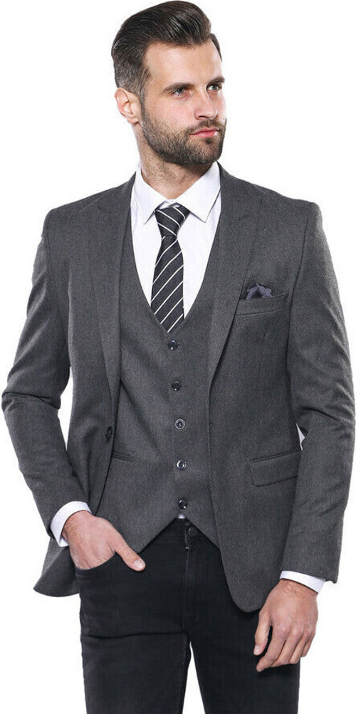 Düz Gri Slim Fit Yelek Ceket Set