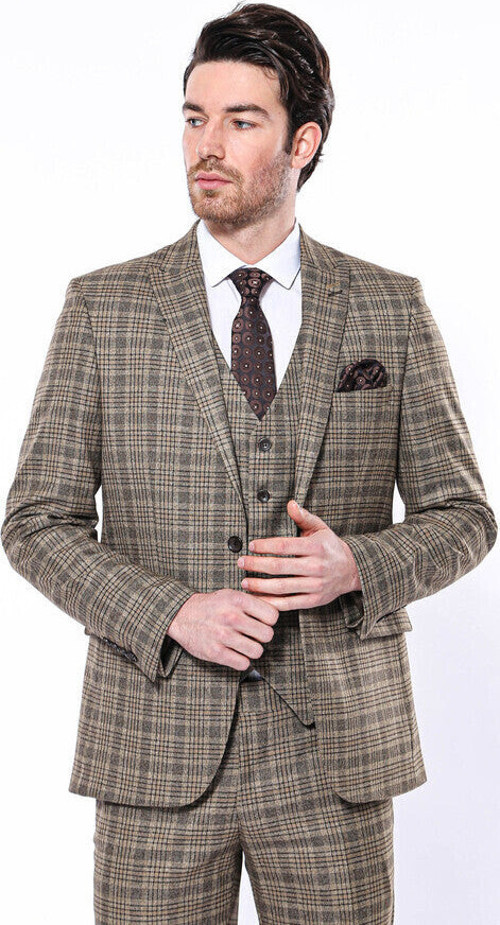 Ekose Slim Fit Kahverengi Erkek Ceket