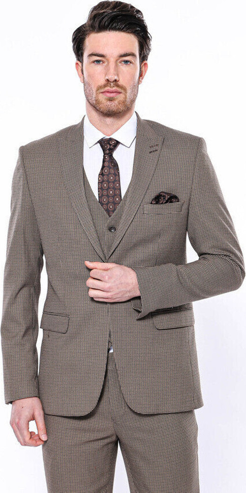 Kendinden Desenli Slim Fit Açık Kahverengi Erkek Ceket