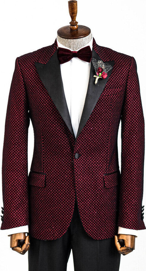 Siyah Desenli Simli Bordo Erkek Smokin Ceket