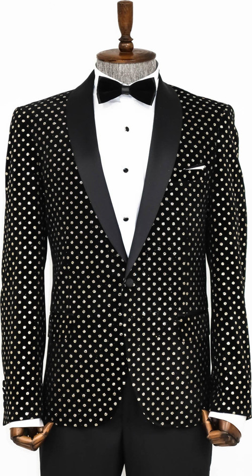 Nokta Desenli Slim Fit Siyah Erkek Smokin Ceket