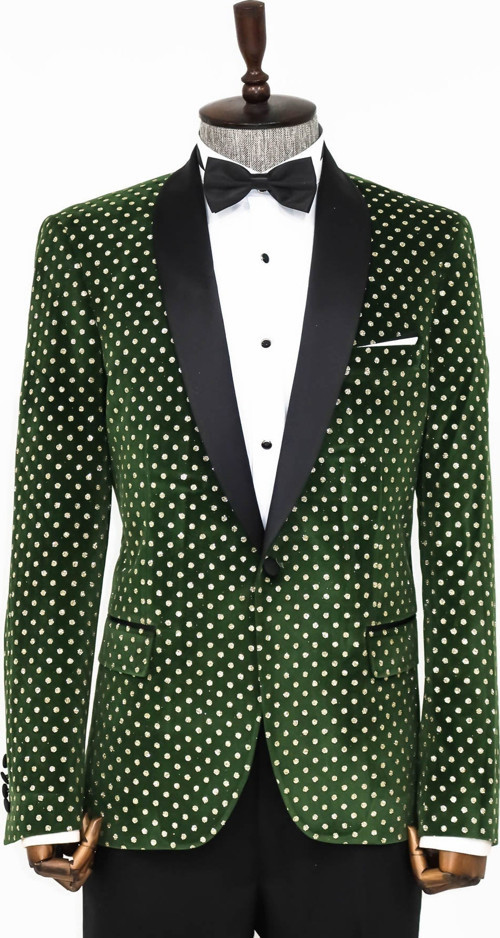 Nokta Desenli Slim Fit Koyu Yeşil Erkek Smokin Ceket