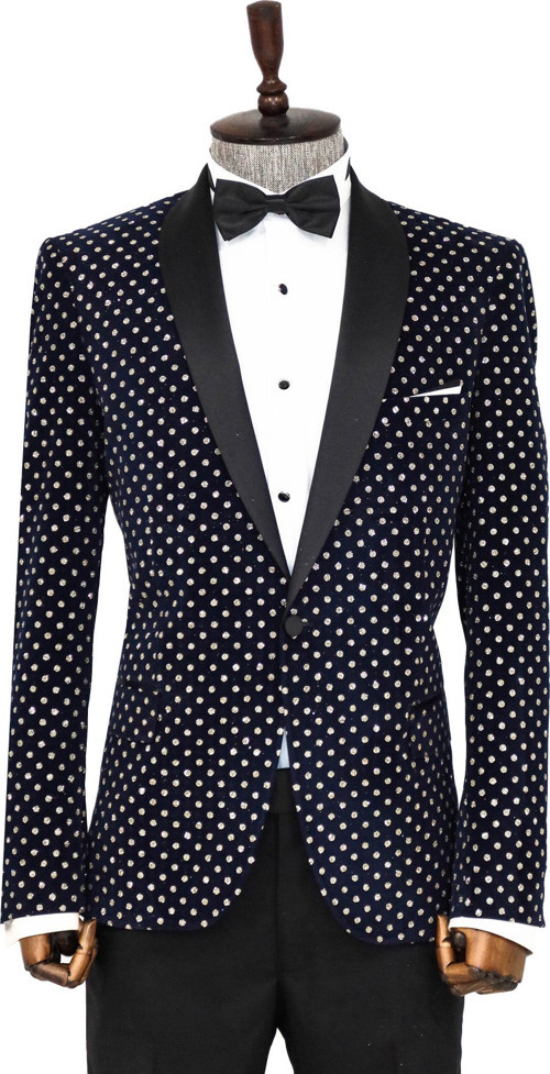 Nokta Desenli Slim Fit Lacivert Erkek Smokin Ceket