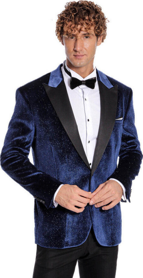 Simli Slim Fit Kadife Lacivert Erkek Smokin Ceket