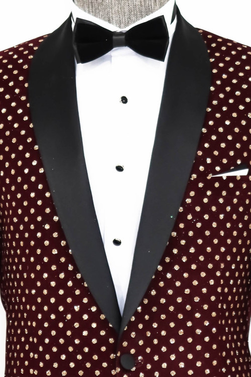 Nokta Desenli Slim Fit Bordo Erkek Smokin Ceket