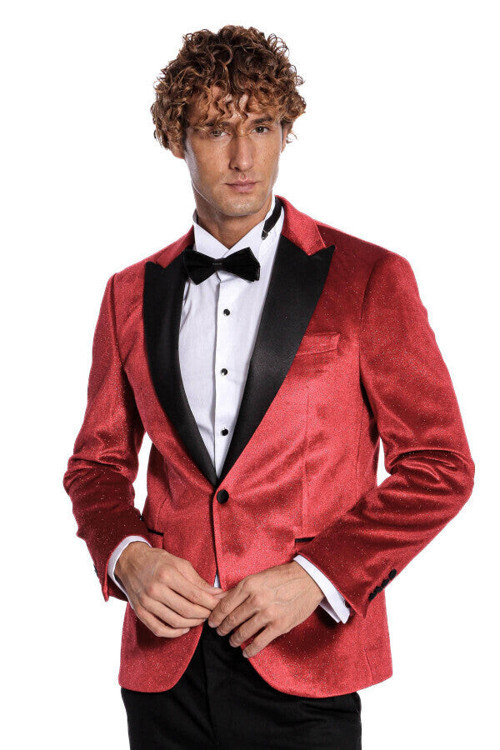 Simli Slim Fit Kadife Kırmızı Erkek Smokin Ceket - Wessi