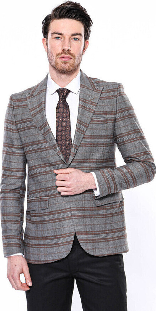 Ekose Desenli Slim Fit Kahverengi Erkek Ceket