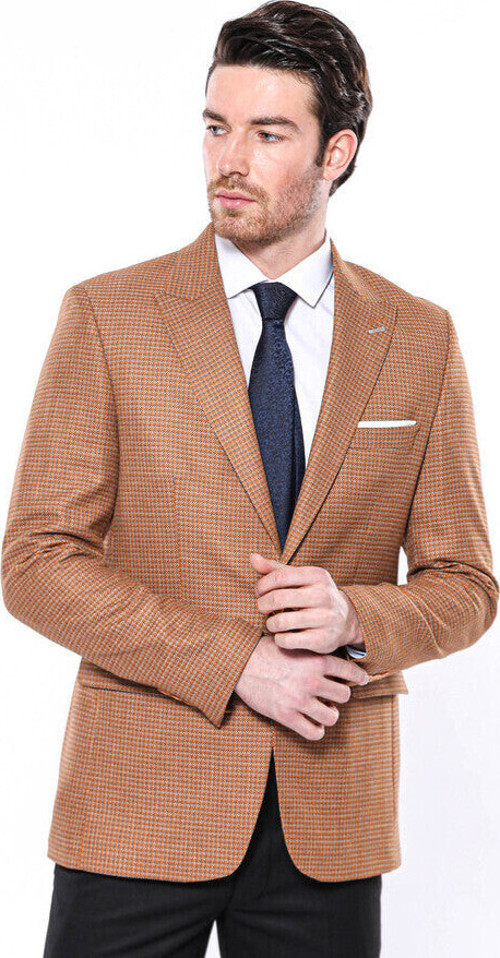 Kendinden Desenli Turuncu Slim Fit Ceket