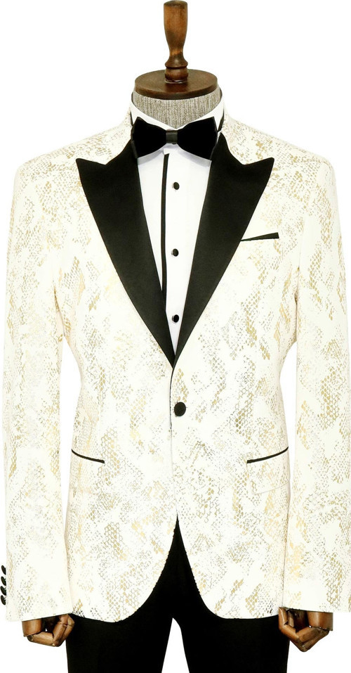 Dik Yaka Slim Fit Altın Desenli Beyaz Balo Ceket