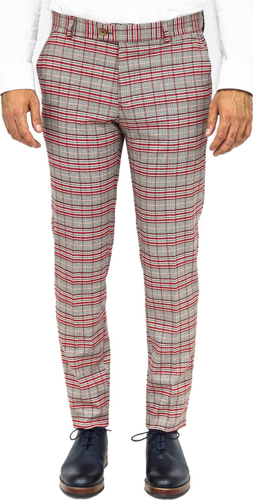 Kırmızı Ekose Desenli Slim Fit Gri Erkek Pantolon