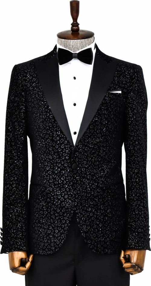 Leopar Desenli Slim Fit Siyah Erkek Smokin Ceket
