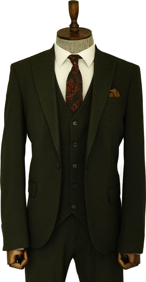 Tek Düğmeli Slim Fit Yeşil Yelekli Erkek Takım Elbise