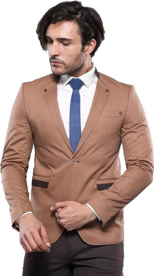 Tek Düğme Hakim Yaka Bej Erkek Ceket
