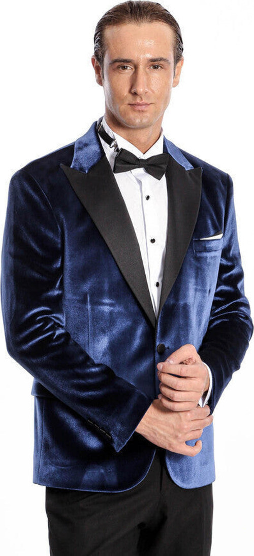 Kadife Slim Fit Mavi Erkek Smokin Ceket