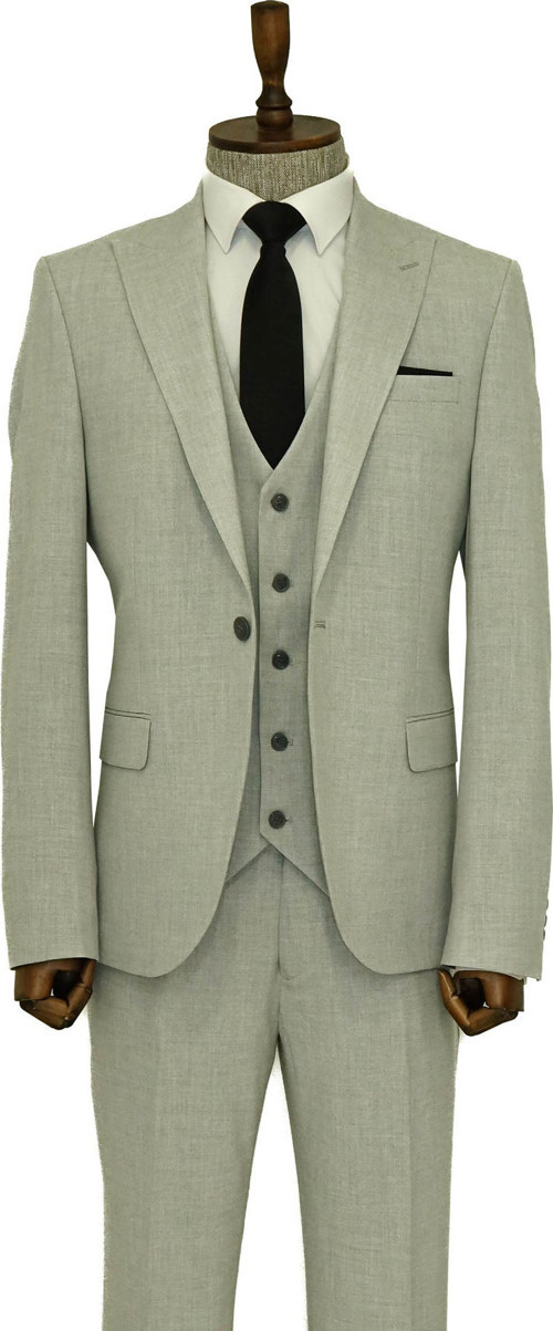 Tek Düğmeli Slim Fit Gri Yelekli Erkek Takım Elbise