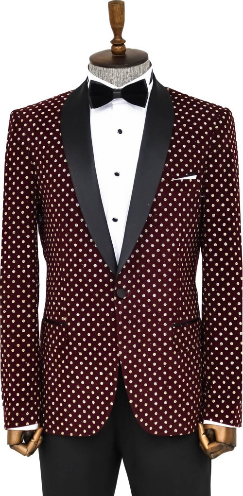 Nokta Desenli Slim Fit Bordo Erkek Smokin Ceket