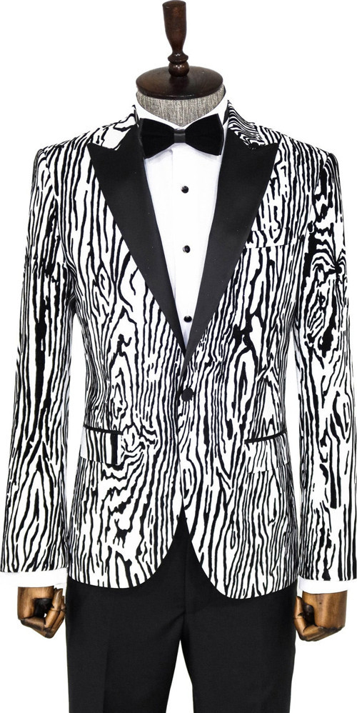 Slim Fit Zebra Desen Beyaz Erkek Smokin Ceket