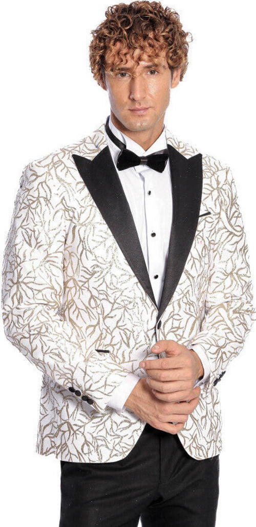 Işıltılı Sarmaşık Desenli Slim Fit Beyaz Erkek Smokin Ceket