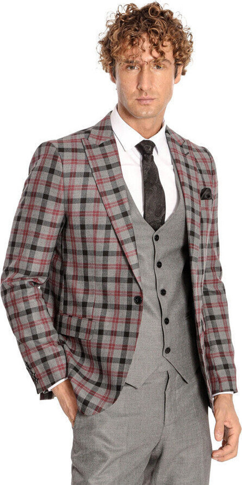 Ekose Ceketli Slim Fit Gri Erkek Takım Elbise