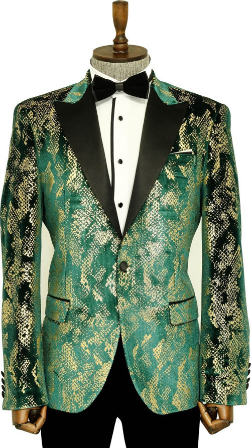 Dik Yaka Slim Fit Altın Desenli Yeşil Balo Ceket