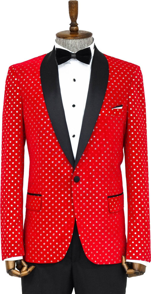 Nokta Desenli Slim Fit Kırmızı Erkek Smokin Ceket