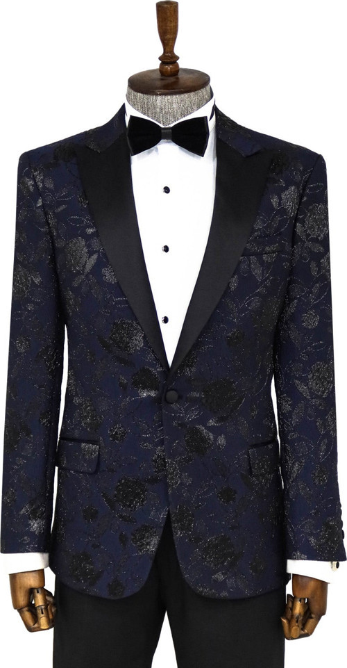 Lacivert Simli Floral Desenli Smokin Ceketi