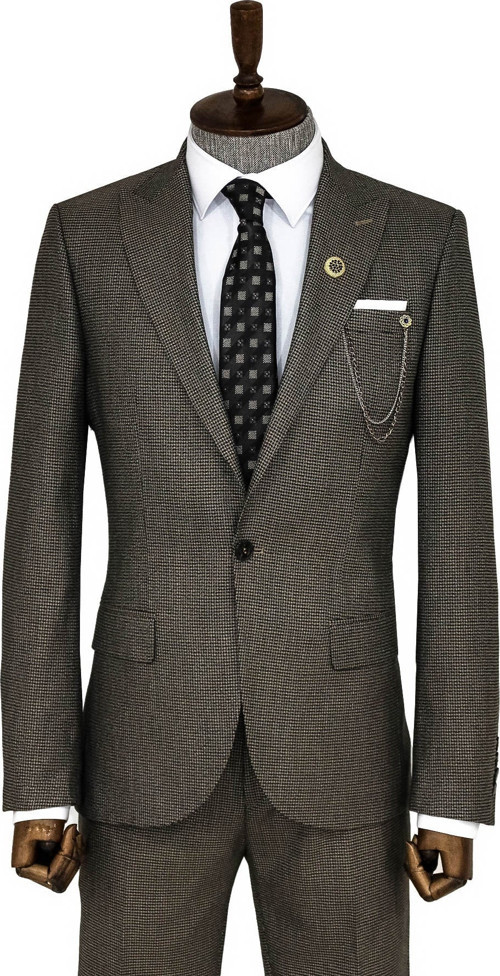 Slim Fit Kazayağı Desenli Kahverengi Erkek Takım Elbise